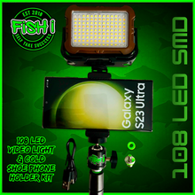Load image into Gallery viewer, 108 SMD LED RECHARGEABLE &amp; SOLAR VIDEO/BIVVY LIGHT &amp; COLD SHOE PHONE HOLDER KIT- SELF TAKE KIT-SELF TAKE STATION FOR CARP FISHING.