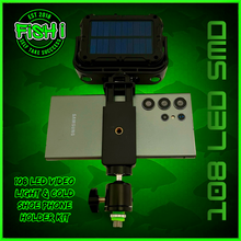 Load image into Gallery viewer, 108 SMD LED RECHARGEABLE &amp; SOLAR VIDEO/BIVVY LIGHT &amp; COLD SHOE PHONE HOLDER KIT- SELF TAKE KIT-SELF TAKE STATION FOR CARP FISHING.