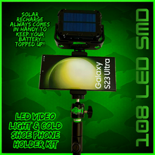 Load image into Gallery viewer, 108 SMD LED RECHARGEABLE &amp; SOLAR VIDEO/BIVVY LIGHT &amp; COLD SHOE PHONE HOLDER KIT- SELF TAKE KIT-SELF TAKE STATION FOR CARP FISHING.