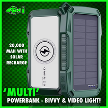 Load image into Gallery viewer, ‘Multi’ PowerBank With Video/Bivvy Light.inc Wireless Phone Charging &amp; Solar Recharge!