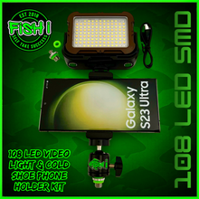Load image into Gallery viewer, 108 SMD LED RECHARGEABLE &amp; SOLAR VIDEO/BIVVY LIGHT &amp; COLD SHOE PHONE HOLDER KIT- SELF TAKE KIT-SELF TAKE STATION FOR CARP FISHING.