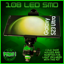 Load image into Gallery viewer, 108 SMD LED RECHARGEABLE &amp; SOLAR VIDEO/BIVVY LIGHT &amp; COLD SHOE PHONE HOLDER KIT- SELF TAKE KIT-SELF TAKE STATION FOR CARP FISHING.