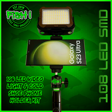 Load image into Gallery viewer, 108 SMD LED RECHARGEABLE &amp; SOLAR VIDEO/BIVVY LIGHT &amp; COLD SHOE PHONE HOLDER KIT- SELF TAKE KIT-SELF TAKE STATION FOR CARP FISHING.