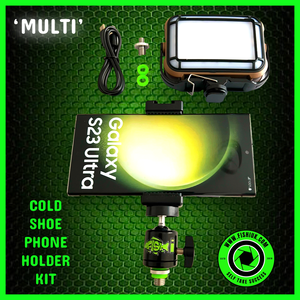 Cold Shoe Phone Holder & ‘MULTI’ LED Video Self Take Light.Bivvy Light. Table Light - Power Bank - Solar Charge & Rechargeable