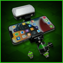 Load image into Gallery viewer, RECHARGEABLE 52 SMD LED VIDEO/BIVVY LIGHT &amp; COLD SHOE PHONE HOLDER KIT- SELF TAKE KIT-SELF TAKE STATION FOR CARP FISHING.