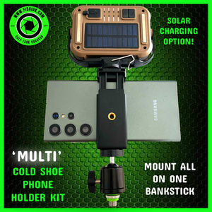 Cold Shoe Phone Holder & ‘MULTI’ LED Video Self Take Light.Bivvy Light. Table Light - Power Bank - Solar Charge & Rechargeable