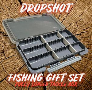 Lure Fishing Finesse Dropshot fishing tackle box packed with lures, perfect for perch, pike, and chub fishing. Great gift for lure fishing enthusiasts.
