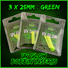 Load image into Gallery viewer, UV Glow Bobbin Inserts 3mm x 25mm Green | Rechargeable Glow Inserts for Carp Fishing Bobbins