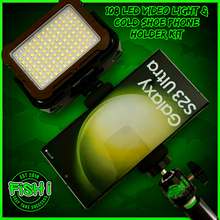 Load image into Gallery viewer, 108 SMD LED RECHARGEABLE &amp; SOLAR VIDEO/BIVVY LIGHT &amp; COLD SHOE PHONE HOLDER KIT- SELF TAKE KIT-SELF TAKE STATION FOR CARP FISHING.