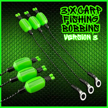 Load image into Gallery viewer, 3x Fluoro Green V3 Carp Bobbin Bite Indicators with ball chain and hockey stick