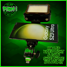Load image into Gallery viewer, 108 SMD LED RECHARGEABLE &amp; SOLAR VIDEO/BIVVY LIGHT &amp; COLD SHOE PHONE HOLDER KIT- SELF TAKE KIT-SELF TAKE STATION FOR CARP FISHING.