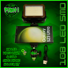 Load image into Gallery viewer, 108 SMD LED RECHARGEABLE &amp; SOLAR VIDEO/BIVVY LIGHT &amp; COLD SHOE PHONE HOLDER KIT- SELF TAKE KIT-SELF TAKE STATION FOR CARP FISHING.