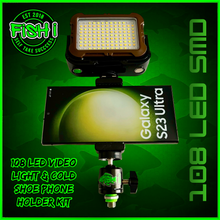 Load image into Gallery viewer, 108 SMD LED RECHARGEABLE &amp; SOLAR VIDEO/BIVVY LIGHT &amp; COLD SHOE PHONE HOLDER KIT- SELF TAKE KIT-SELF TAKE STATION FOR CARP FISHING.