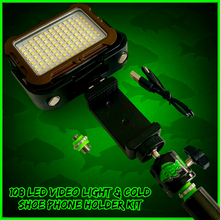 Load image into Gallery viewer, 108 SMD LED RECHARGEABLE &amp; SOLAR VIDEO/BIVVY LIGHT &amp; COLD SHOE PHONE HOLDER KIT- SELF TAKE KIT-SELF TAKE STATION FOR CARP FISHING.