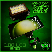 Load image into Gallery viewer, 108 SMD LED RECHARGEABLE &amp; SOLAR VIDEO/BIVVY LIGHT &amp; COLD SHOE PHONE HOLDER KIT- SELF TAKE KIT-SELF TAKE STATION FOR CARP FISHING.