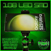 Load image into Gallery viewer, 108 SMD LED RECHARGEABLE &amp; SOLAR VIDEO/BIVVY LIGHT &amp; COLD SHOE PHONE HOLDER KIT- SELF TAKE KIT-SELF TAKE STATION FOR CARP FISHING.