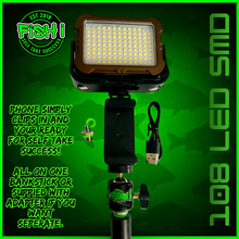 Load image into Gallery viewer, 108 SMD LED RECHARGEABLE &amp; SOLAR VIDEO/BIVVY LIGHT &amp; COLD SHOE PHONE HOLDER KIT- SELF TAKE KIT-SELF TAKE STATION FOR CARP FISHING.