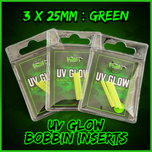 Load image into Gallery viewer, UV Glow Bobbin Inserts 3mm x 25mm Green | Rechargeable Glow Inserts for Carp Fishing Bobbins