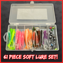 Load image into Gallery viewer, 61pc Soft Lure Fishing Kit – T-Tail Jighead &amp; Texas Rig Set-Fish i Tackle Predator kit.