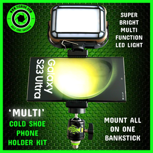 Cold Shoe Phone Holder & ‘MULTI’ LED Video Self Take Light.Bivvy Light. Table Light - Power Bank - Solar Charge & Rechargeable