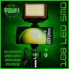 Load image into Gallery viewer, 108 SMD LED RECHARGEABLE &amp; SOLAR VIDEO/BIVVY LIGHT &amp; COLD SHOE PHONE HOLDER KIT- SELF TAKE KIT-SELF TAKE STATION FOR CARP FISHING.