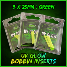 Load image into Gallery viewer, UV Glow Bobbin Inserts 3mm x 25mm Green | Rechargeable Glow Inserts for Carp Fishing Bobbins