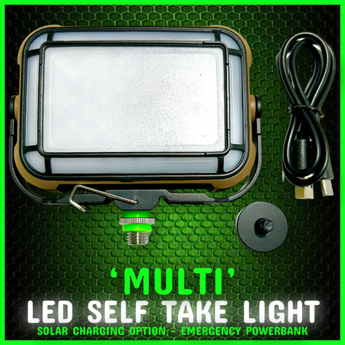 Cold Shoe Phone Holder & ‘MULTI’ LED Video Self Take Light.Bivvy Light. Table Light - Power Bank - Solar Charge & Rechargeable - FiSH i UK