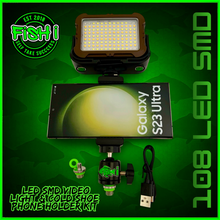 Load image into Gallery viewer, 108 SMD LED RECHARGEABLE &amp; SOLAR VIDEO/BIVVY LIGHT &amp; COLD SHOE PHONE HOLDER KIT- SELF TAKE KIT-SELF TAKE STATION FOR CARP FISHING.