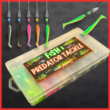 Load image into Gallery viewer, 61pc Soft Lure Fishing Kit – T-Tail Jighead &amp; Texas Rig Set-Fish i Tackle Predator kit.