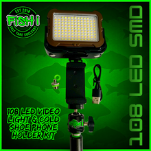 Load image into Gallery viewer, 108 SMD LED RECHARGEABLE &amp; SOLAR VIDEO/BIVVY LIGHT &amp; COLD SHOE PHONE HOLDER KIT- SELF TAKE KIT-SELF TAKE STATION FOR CARP FISHING.