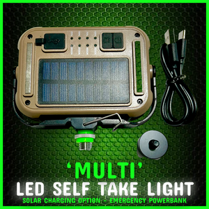 Cold Shoe Phone Holder & ‘MULTI’ LED Video Self Take Light.Bivvy Light. Table Light - Power Bank - Solar Charge & Rechargeable - FiSH i UK