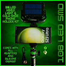 Load image into Gallery viewer, 108 SMD LED RECHARGEABLE &amp; SOLAR VIDEO/BIVVY LIGHT &amp; COLD SHOE PHONE HOLDER KIT- SELF TAKE KIT-SELF TAKE STATION FOR CARP FISHING.