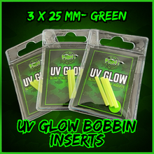 Load image into Gallery viewer, UV Glow Bobbin Inserts 3mm x 25mm Green | Rechargeable Glow Inserts for Carp Fishing Bobbins