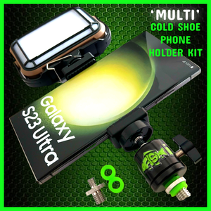Cold Shoe Phone Holder & ‘MULTI’ LED Video Self Take Light.Bivvy Light. Table Light - Power Bank - Solar Charge & Rechargeable