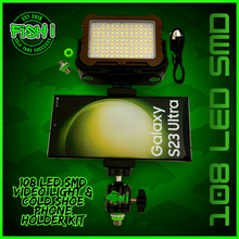 Load image into Gallery viewer, 108 SMD LED RECHARGEABLE &amp; SOLAR VIDEO/BIVVY LIGHT &amp; COLD SHOE PHONE HOLDER KIT- SELF TAKE KIT-SELF TAKE STATION FOR CARP FISHING.