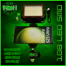 Load image into Gallery viewer, 108 SMD LED RECHARGEABLE &amp; SOLAR VIDEO/BIVVY LIGHT &amp; COLD SHOE PHONE HOLDER KIT- SELF TAKE KIT-SELF TAKE STATION FOR CARP FISHING.