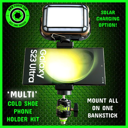 Cold Shoe Phone Holder & ‘MULTI’ LED Video Self Take Light.Bivvy Light. Table Light - Power Bank - Solar Charge & Rechargeable