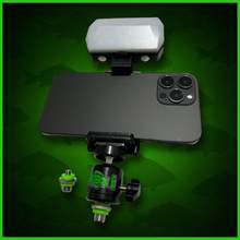 Load image into Gallery viewer, RECHARGEABLE 52 SMD LED VIDEO/BIVVY LIGHT &amp; COLD SHOE PHONE HOLDER KIT- SELF TAKE KIT-SELF TAKE STATION FOR CARP FISHING.