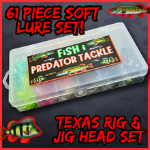 Load image into Gallery viewer, 61pc Soft Lure Fishing Kit – T-Tail Jighead &amp; Texas Rig Set-Fish i Tackle Predator kit.