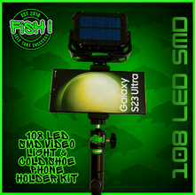 Load image into Gallery viewer, 108 SMD LED RECHARGEABLE &amp; SOLAR VIDEO/BIVVY LIGHT &amp; COLD SHOE PHONE HOLDER KIT- SELF TAKE KIT-SELF TAKE STATION FOR CARP FISHING.