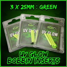 Load image into Gallery viewer, UV Glow Bobbin Inserts 3mm x 25mm Green | Rechargeable Glow Inserts for Carp Fishing Bobbins