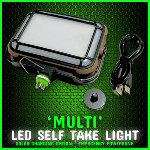 Cold Shoe Phone Holder & ‘MULTI’ LED Video Self Take Light.Bivvy Light. Table Light - Power Bank - Solar Charge & Rechargeable - FiSH i UK