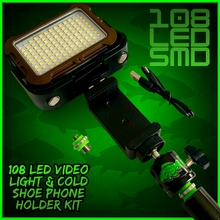 Load image into Gallery viewer, 108 SMD LED RECHARGEABLE &amp; SOLAR VIDEO/BIVVY LIGHT &amp; COLD SHOE PHONE HOLDER KIT- SELF TAKE KIT-SELF TAKE STATION FOR CARP FISHING.