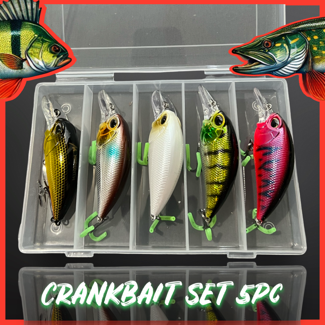Crankbait Lure Plug Set.5 x Lures per set in plastic storage Case.