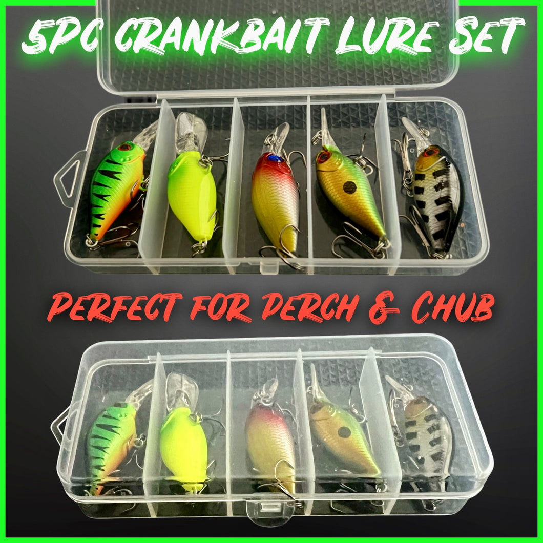 Set of 5 mini crankbait lures. mix of colours. 5cm Lures for Pike Perch Chub fishing.