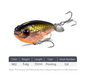 Propeller Topwater Popper Fishing Lure 35mm 5.4g Golden/Orange.