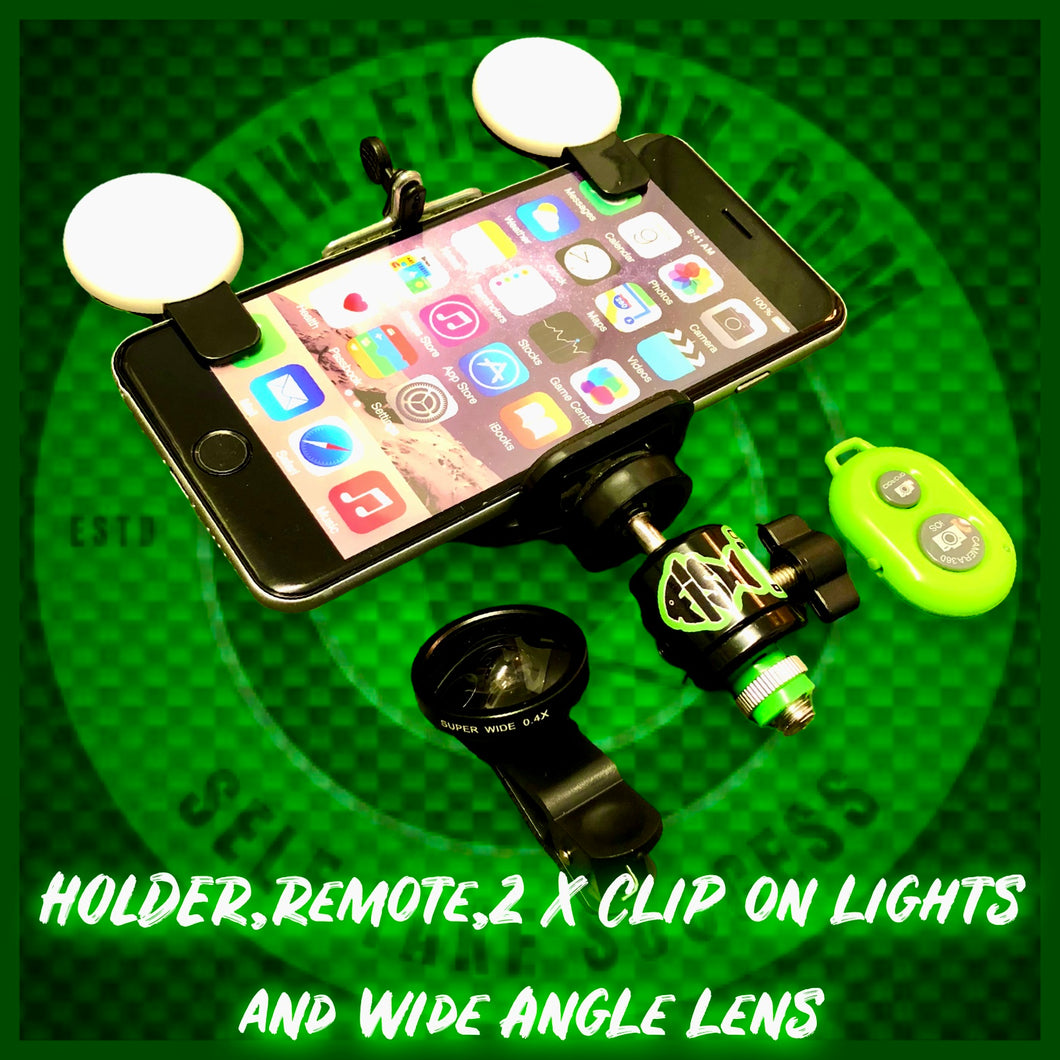 Phone Holder With Dual Clip On Led Lights, Remote and Wide i Lens. - FiSH i UK