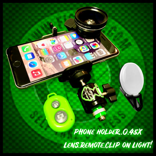 Phone Holder With Clip On Led Light . 0.45x Super Wide Lens & Remote - FiSH i UK