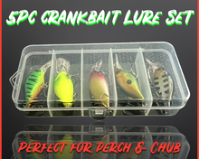 Load image into Gallery viewer, Set of 5 mini crankbait lures. mix of colours. 5cm Lures for Pike Perch Chub fishing.