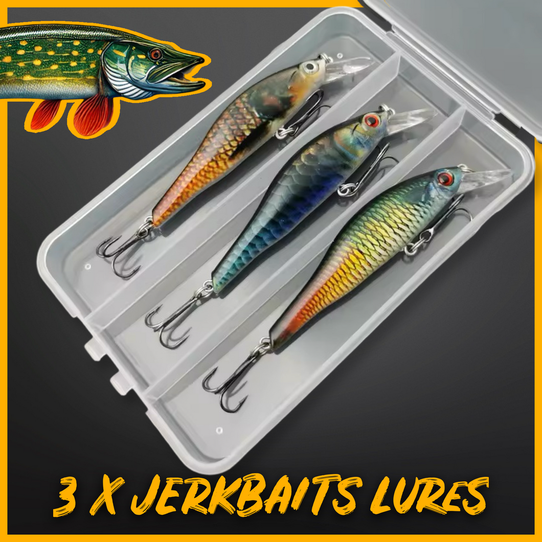 Jerkbait Fishing Lures Set.3 Lures in storage box. 13g Sinking Minnow style lures  (Set2) - FiSH i UK